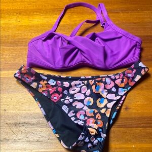 Athleta Vibrant Purple Bikini Top with Colorful Patterned Bottom